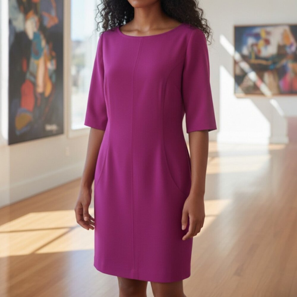 Tahari Purple Sheath Dress Gold‎ Hardware Zip Back Sz 8
